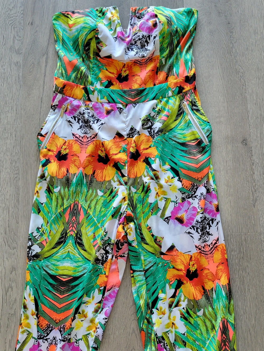 BEBE Green, Orange & White Tropical Strapless Pockets Spring Jumpsuit Sz Medium